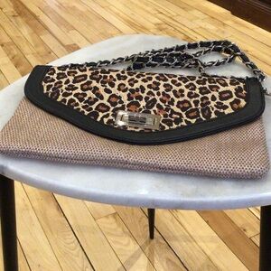 Leopard Print and Tan Chain Strap Clutch